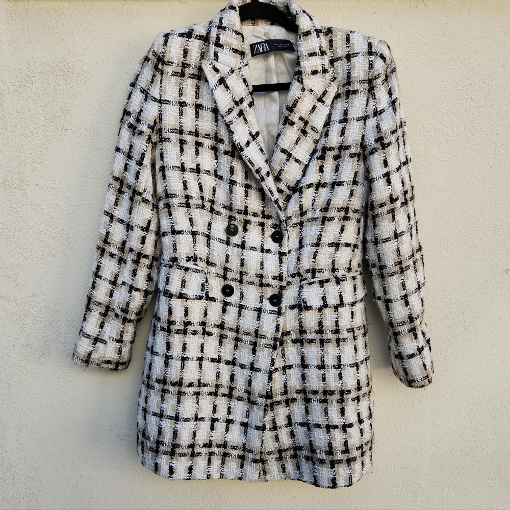 ZARA Double Breasted Long Blazer in Plaid Rigged Check Tweed Fabric - Picture 3 of 10